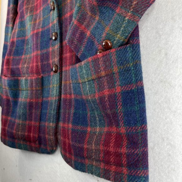 Vintage Womens 10 Red Blue Green Plaid Wool Long Heavy Blazer Jacket Pockets - Picture 4 of 11